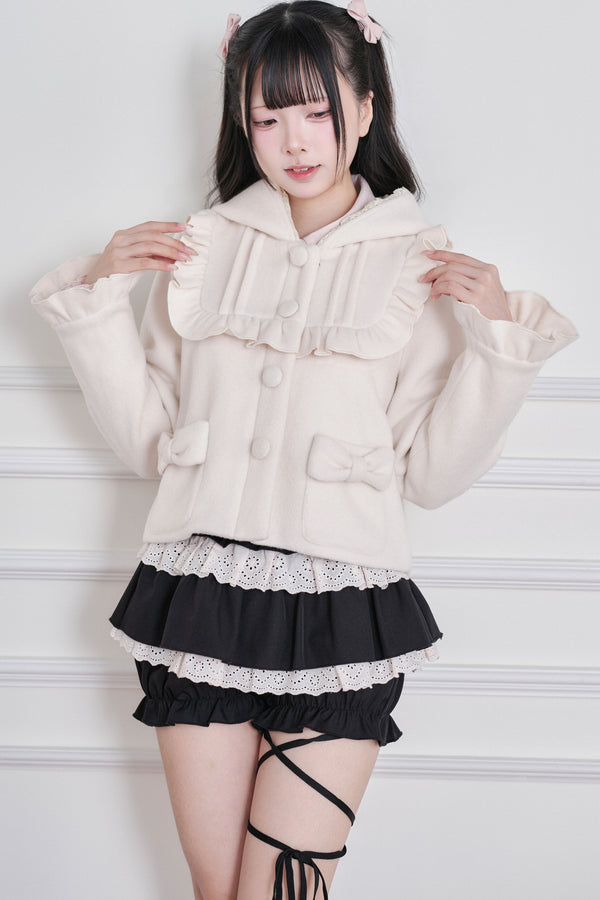 Ruffle Hooded Wool Jacket