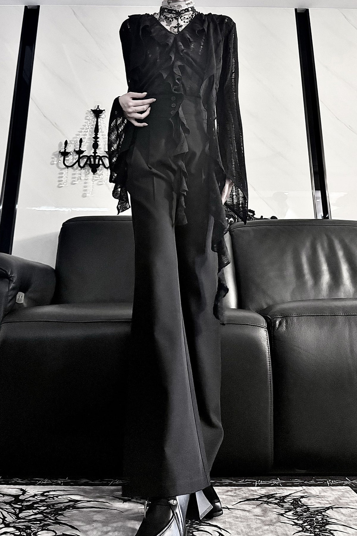 Ruffle V-Neck Lace Blouse