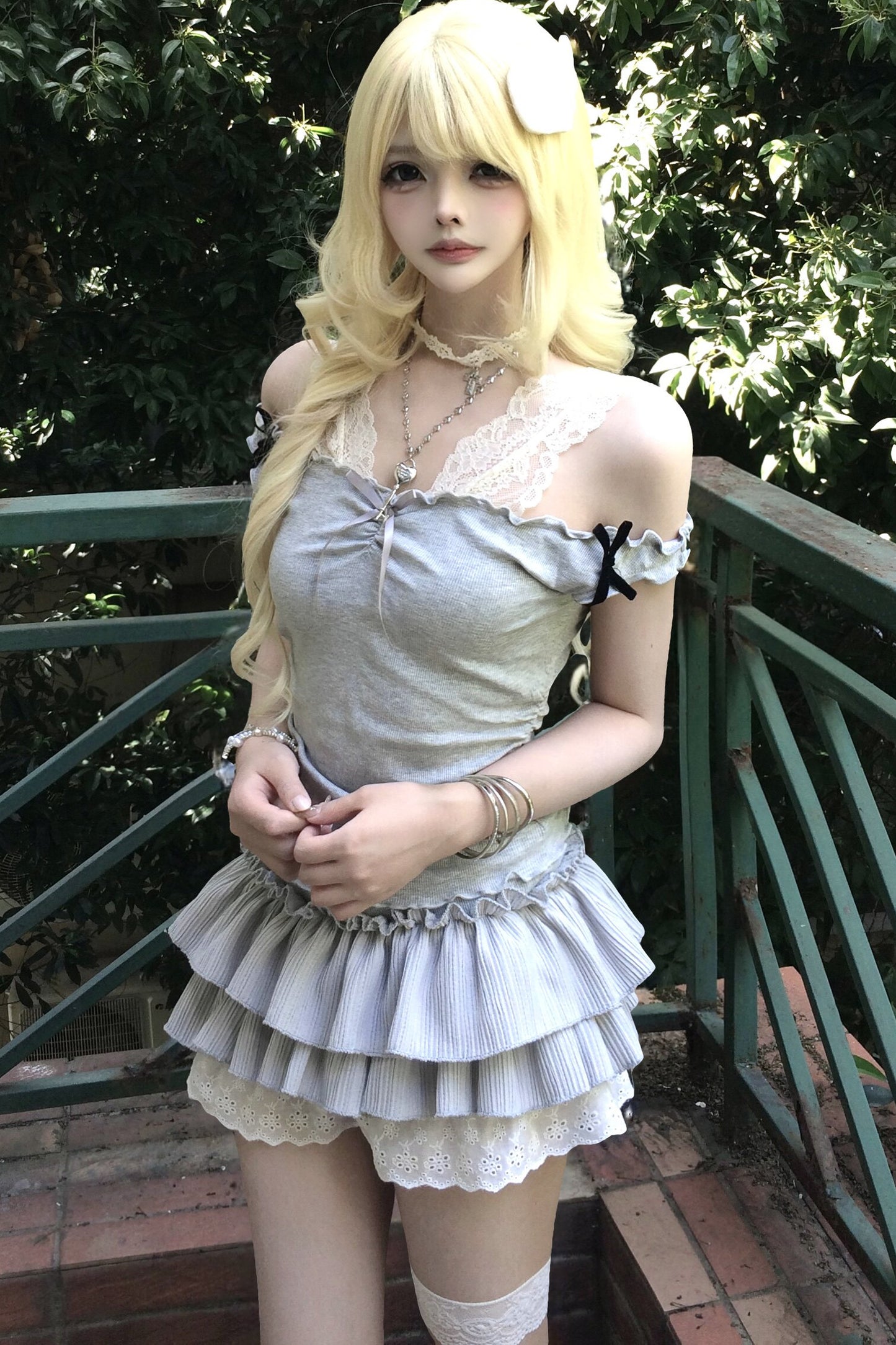 Gray Lace Camisole & Layered Skirt Set-Up