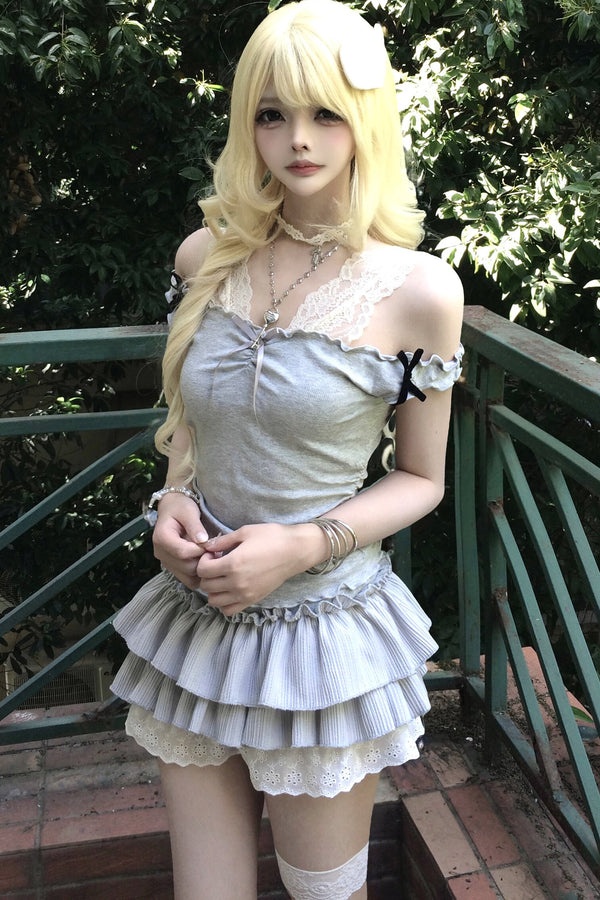Gray Lace Camisole & Layered Skirt Set-Up