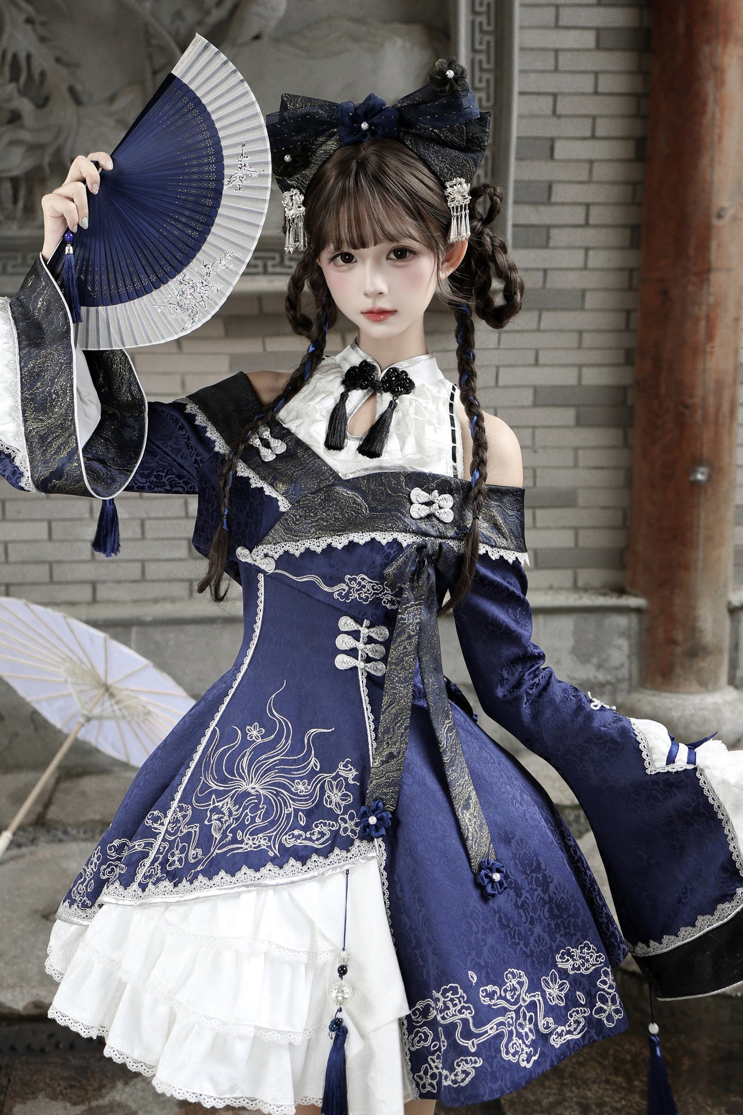 [Reservierungsschluss 109] Dunkelblaue und weiße Gothic-Chinese-Lolita-Accessoire-Serie mit gesticktem neunschwänzigem Fuchs