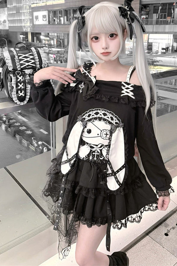 Bunny Asymmetrical Long-Sleeve Top and Skirt Set-Up