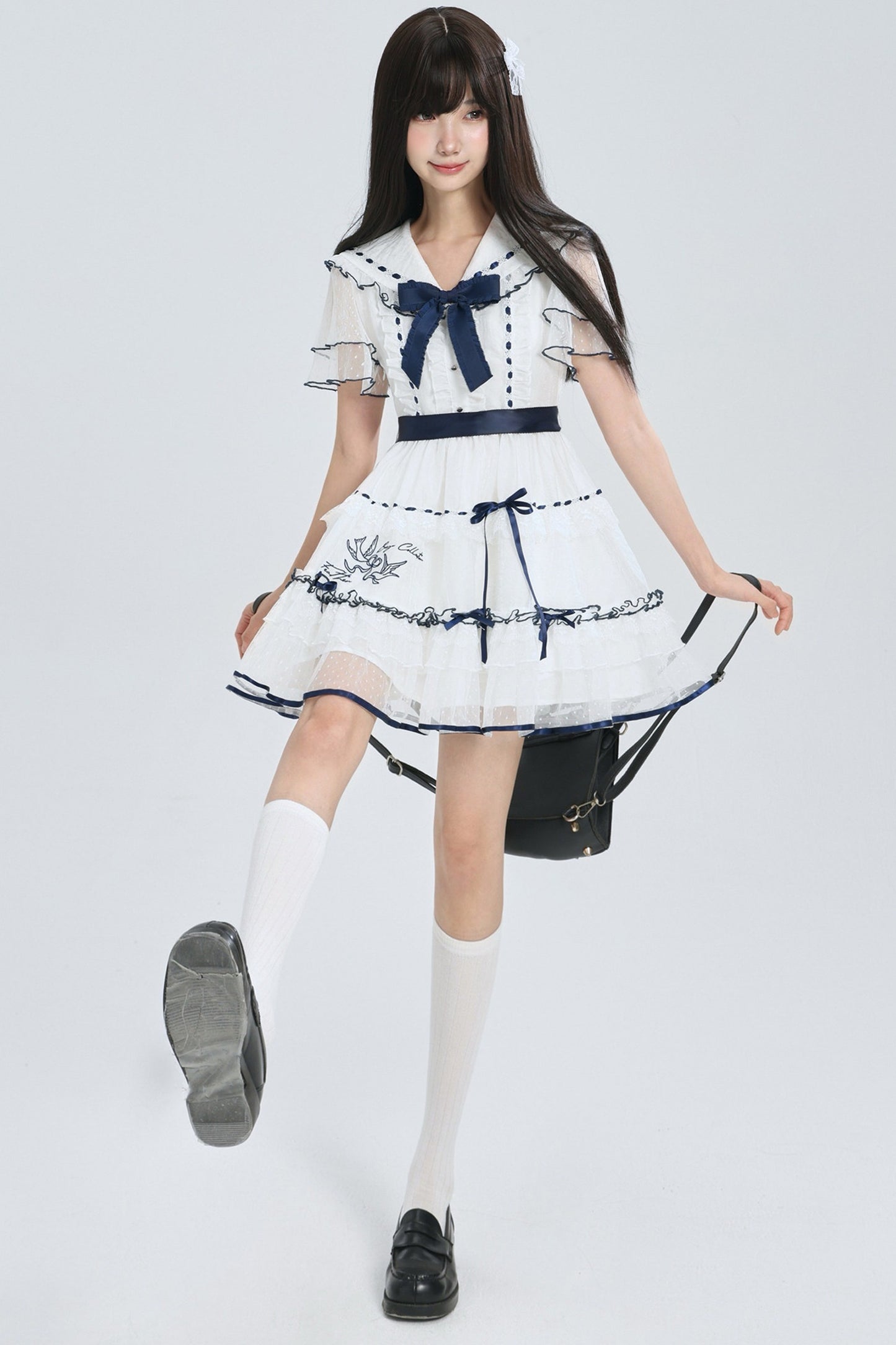 Navy Collar Bird Embroidery Tiered Ribbon Dress