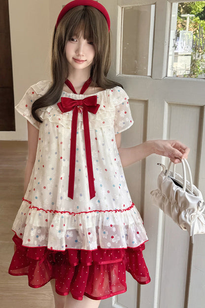 Berry Rococo Polka Dot Floral Short Top and Skirt Set-Up