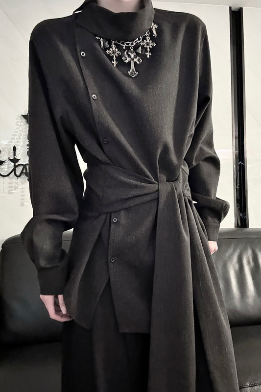 Deconstructed Asymmetrical Placket Tie-Waist Shirt