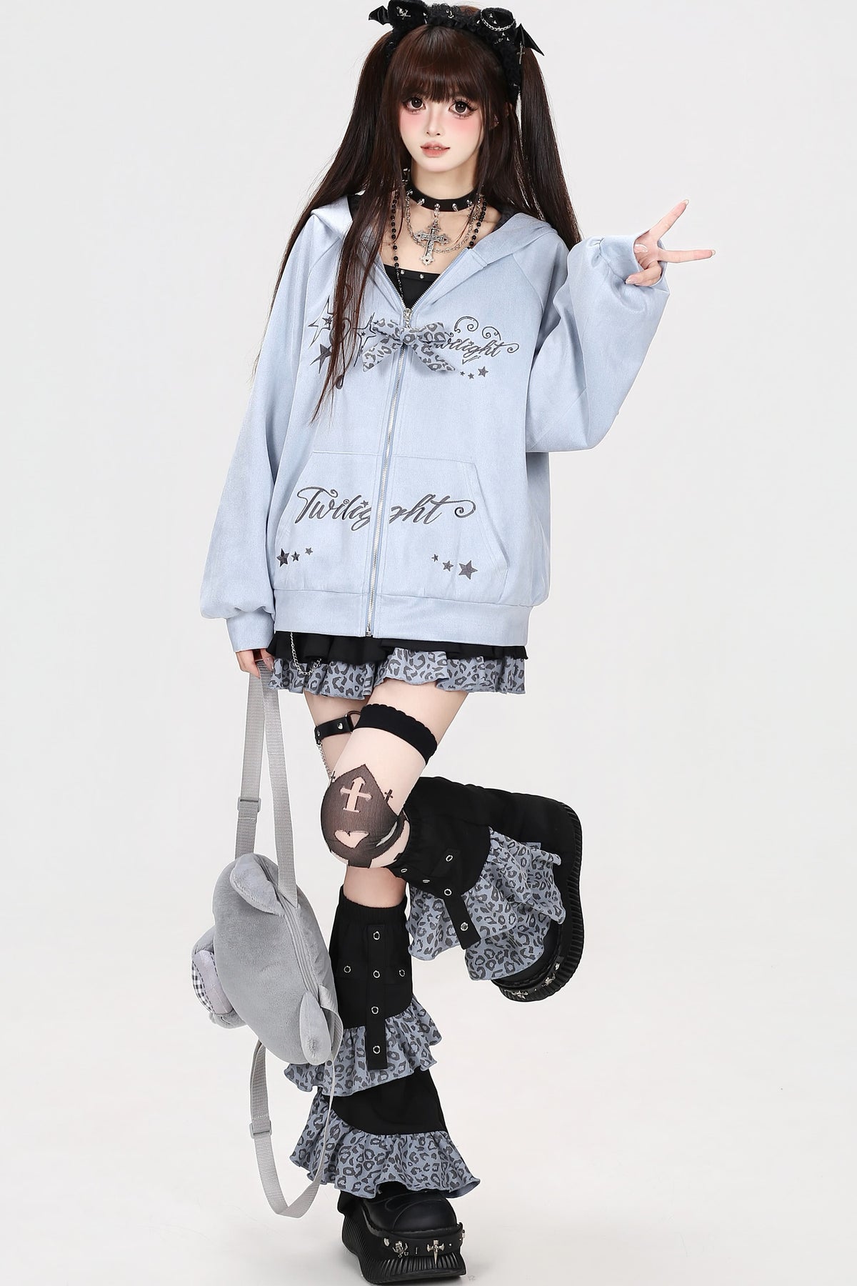 Leopard Musical Note Embroidery Hooded Jacket