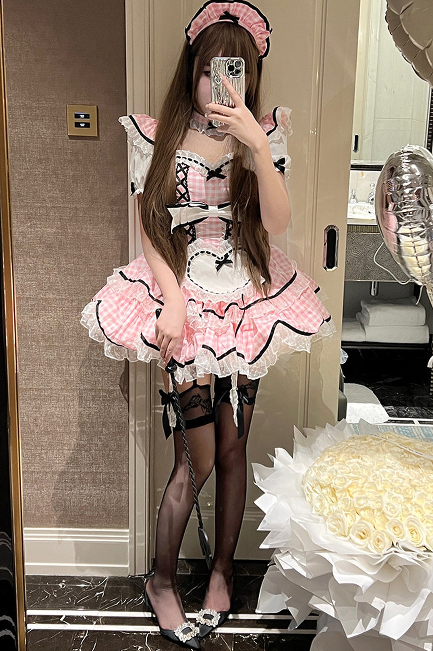 うさみみピンクギンガムメイドドレス