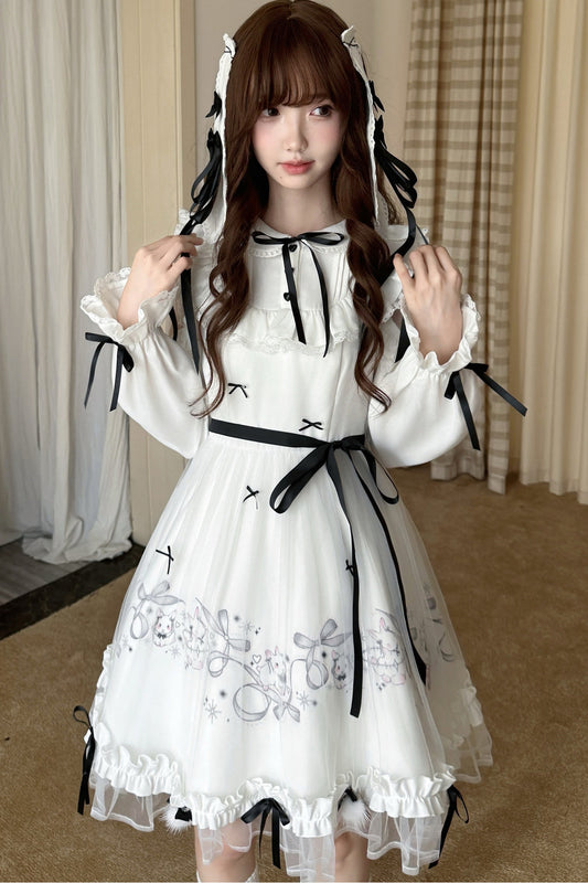 Long Sleeve Rabbit Print Doll Collar Dress