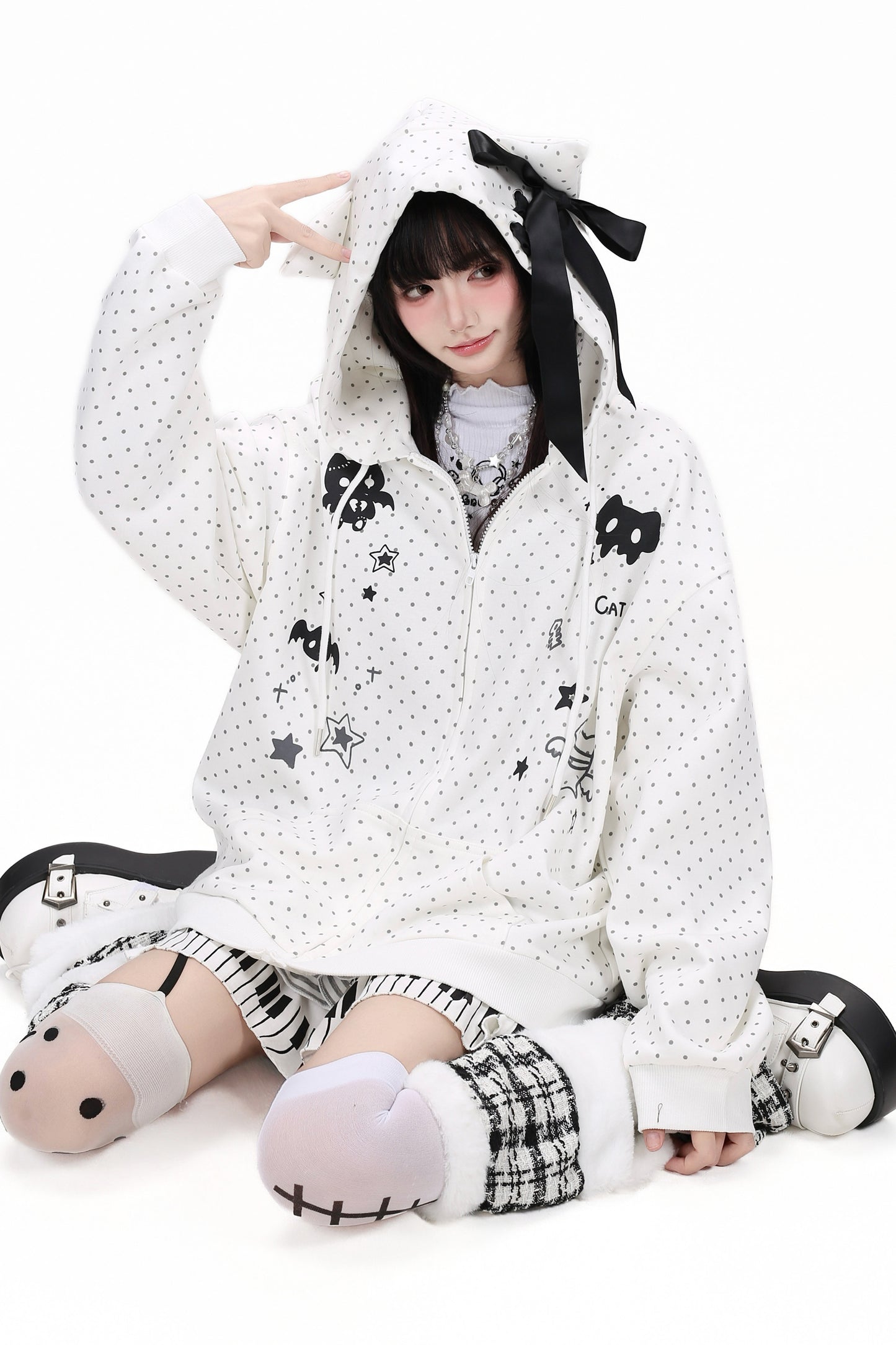 3D-Katzenohren-Kapuzenjacke mit Polka-Dots