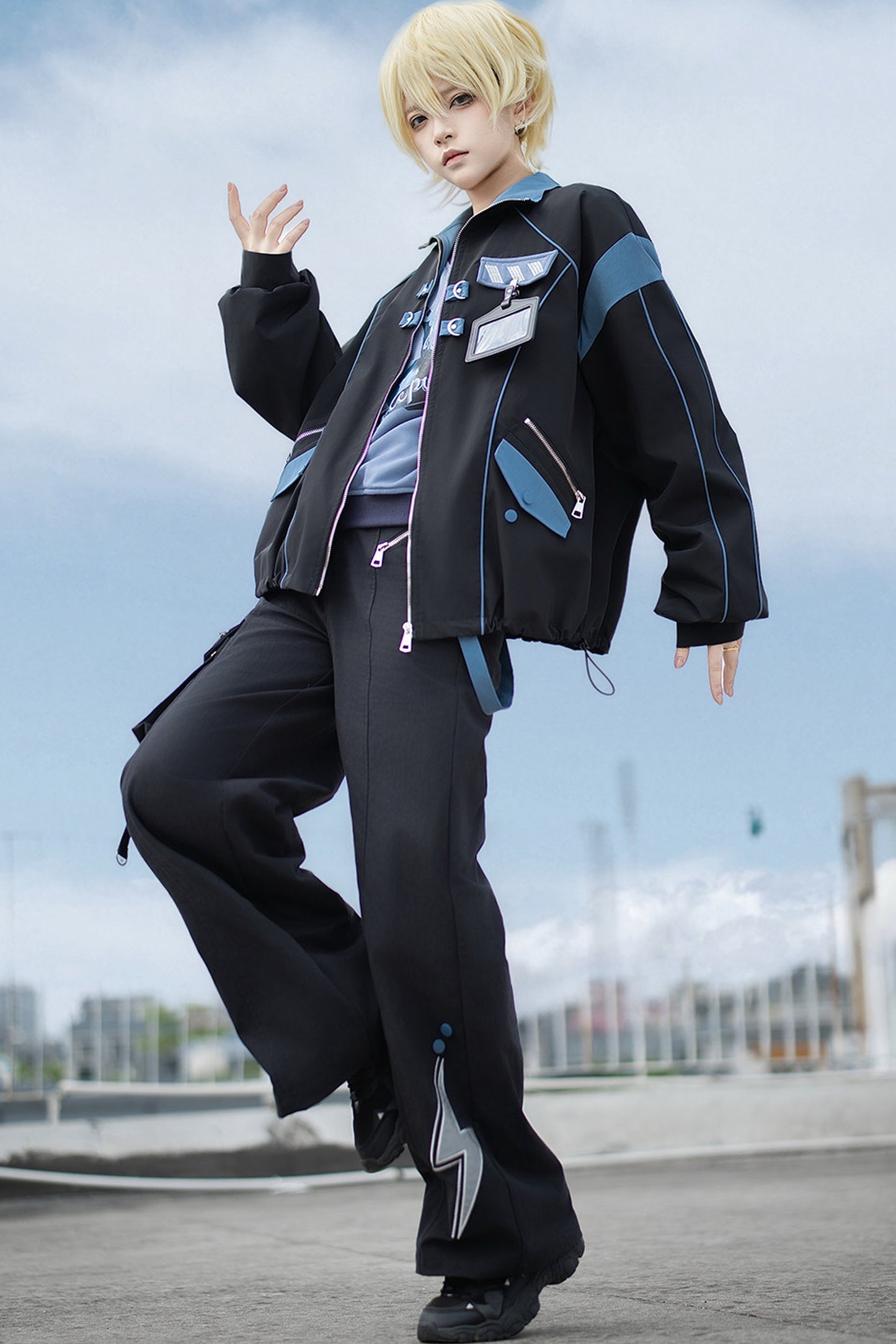 Schwarz-blaues Colorblock-Workwear-Jacken-Sweatshirt und weite Hose im Set