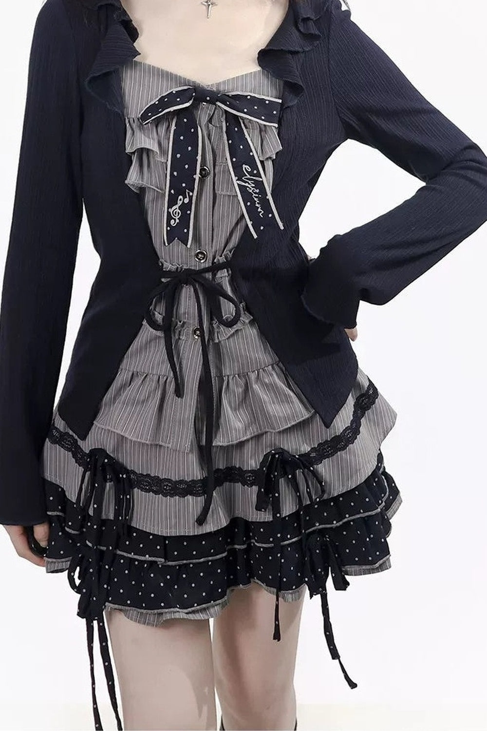 Polka Dot Waist-Cinching Layered-Look Top and Skirt Set-Up