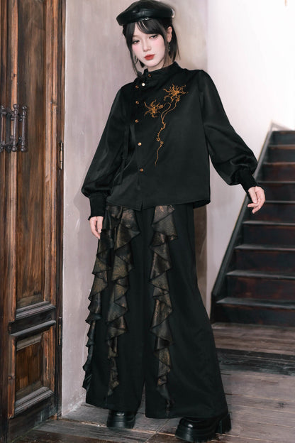 Mandala Embroidered Lace-Up Diagonal Placket Shirt
