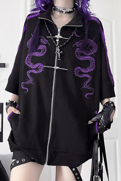 Double Snake Embroidery Zipper Tang Suit Blouse Set-Up