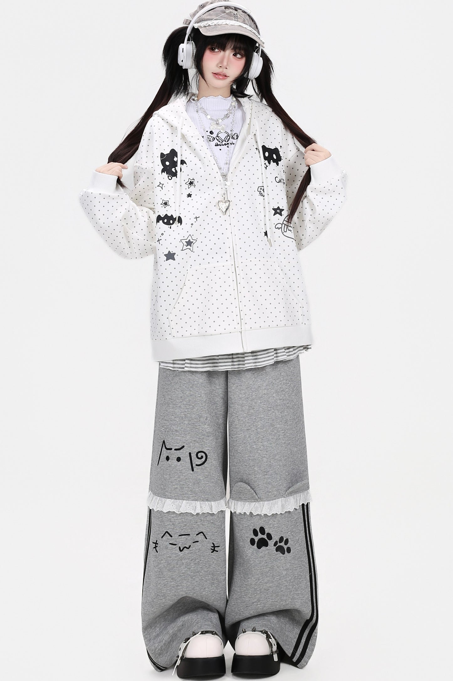 3D-Katzenohren-Kapuzenjacke mit Polka-Dots