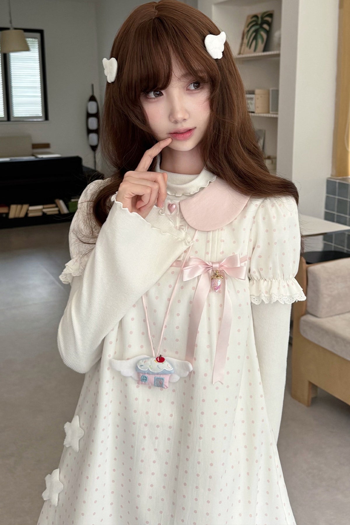 Polka Dot Doll Collar Puff Sleeve Dress
