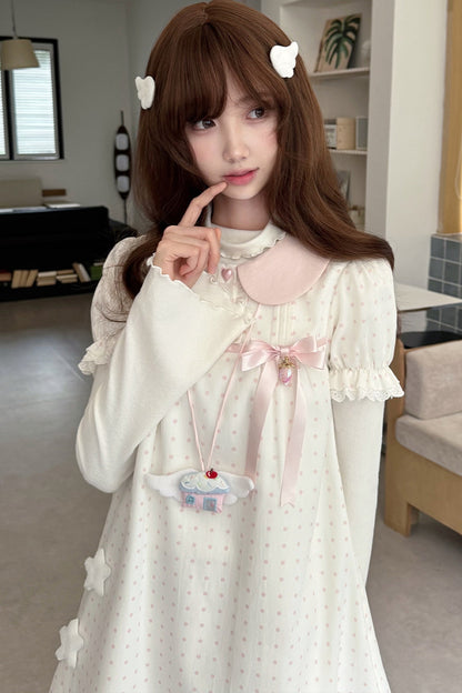 Polka Dot Doll Collar Puff Sleeve Dress