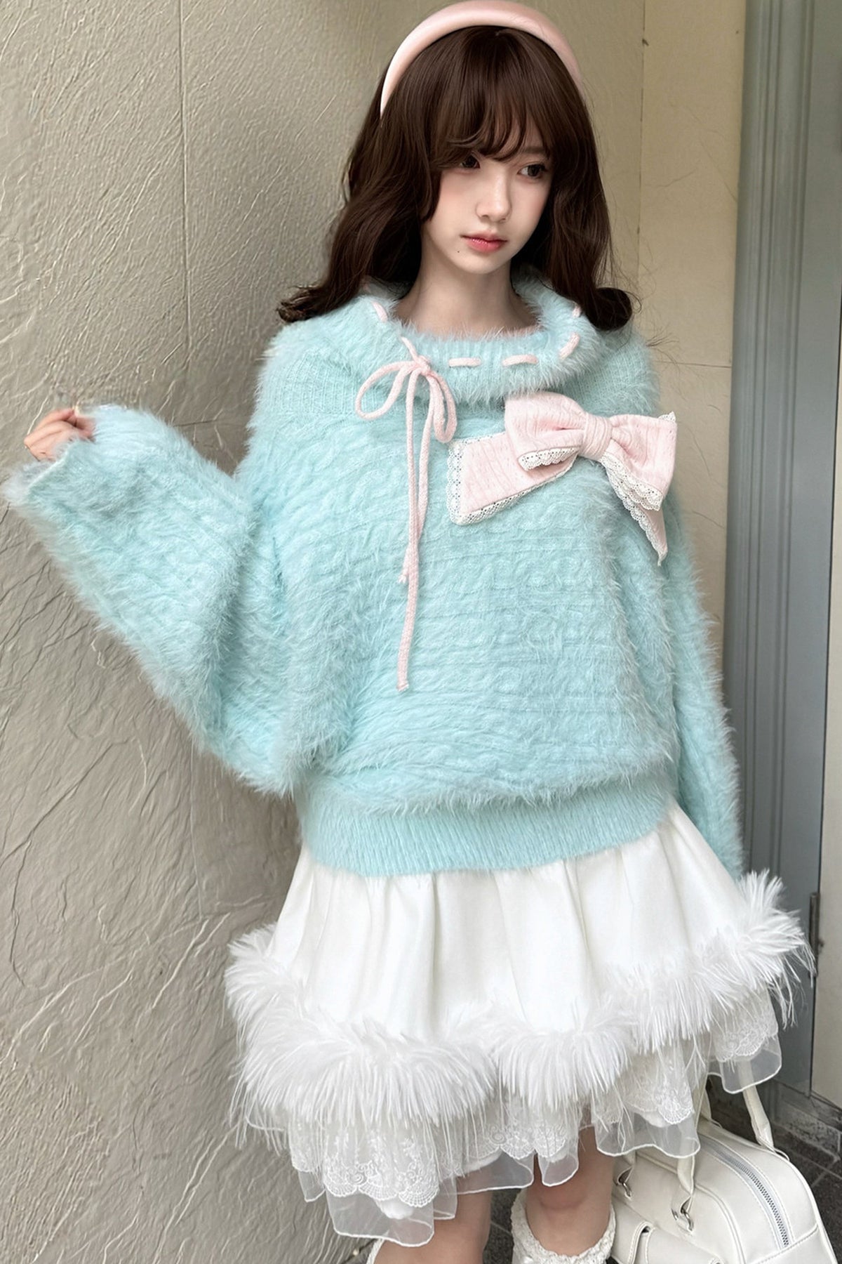 Mint Blue Two-Way Off-Shoulder Sweater With Skirt Set