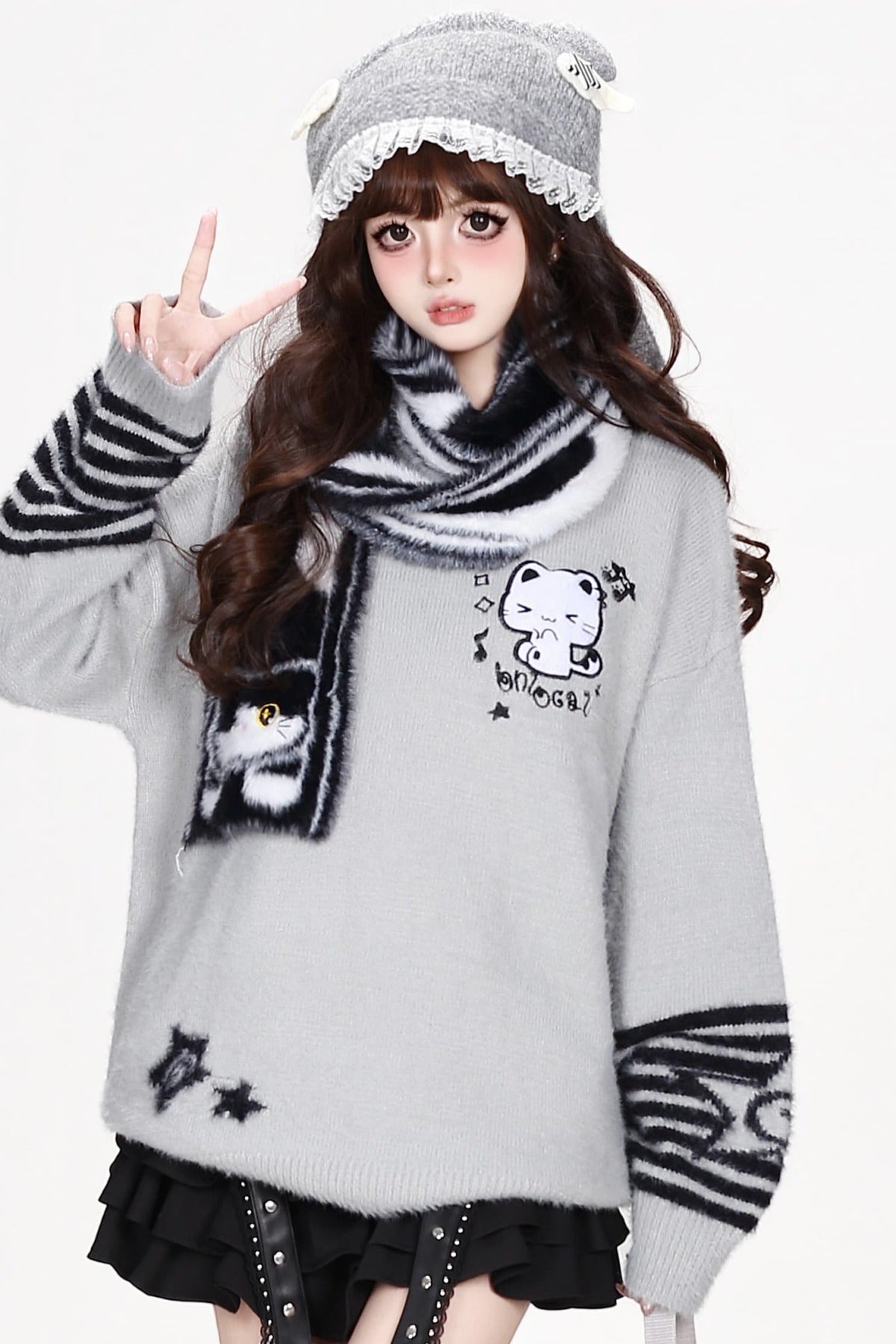 Cat Striped Knit Pullover Sweater