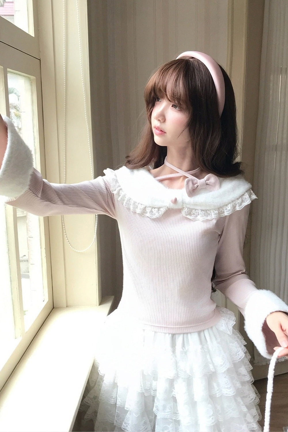 Cat Plush Collar Halter Knit Top and Skirt Set