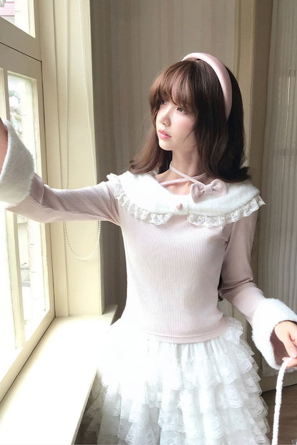 Cat Plush Collar Halter Knit Top and Skirt Set