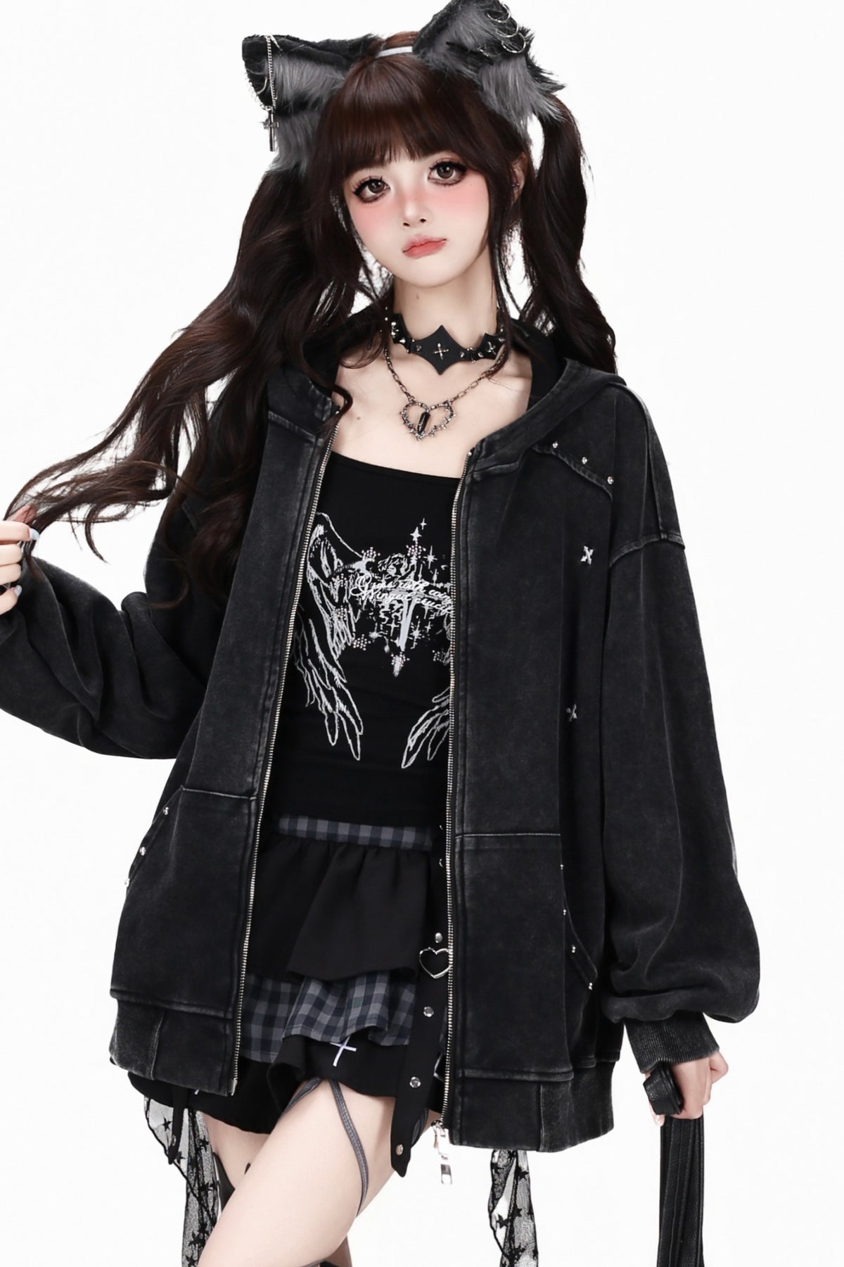 Studded Hooded Loose Jacket