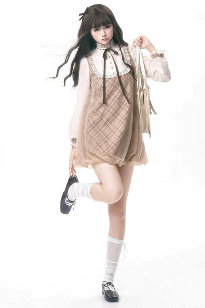 Brown Plaid Puff Dress
