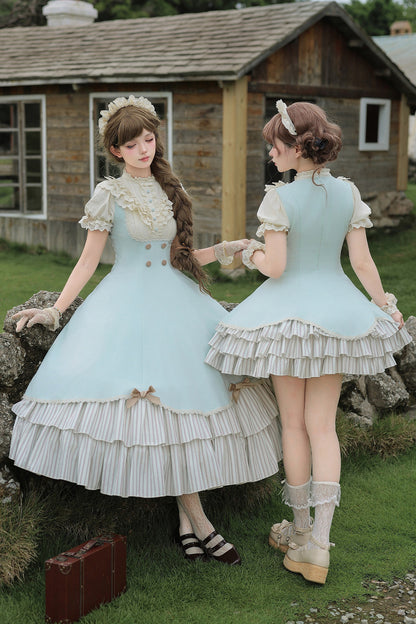 Lace Stand Collar Petal Hem Ruffle Dress