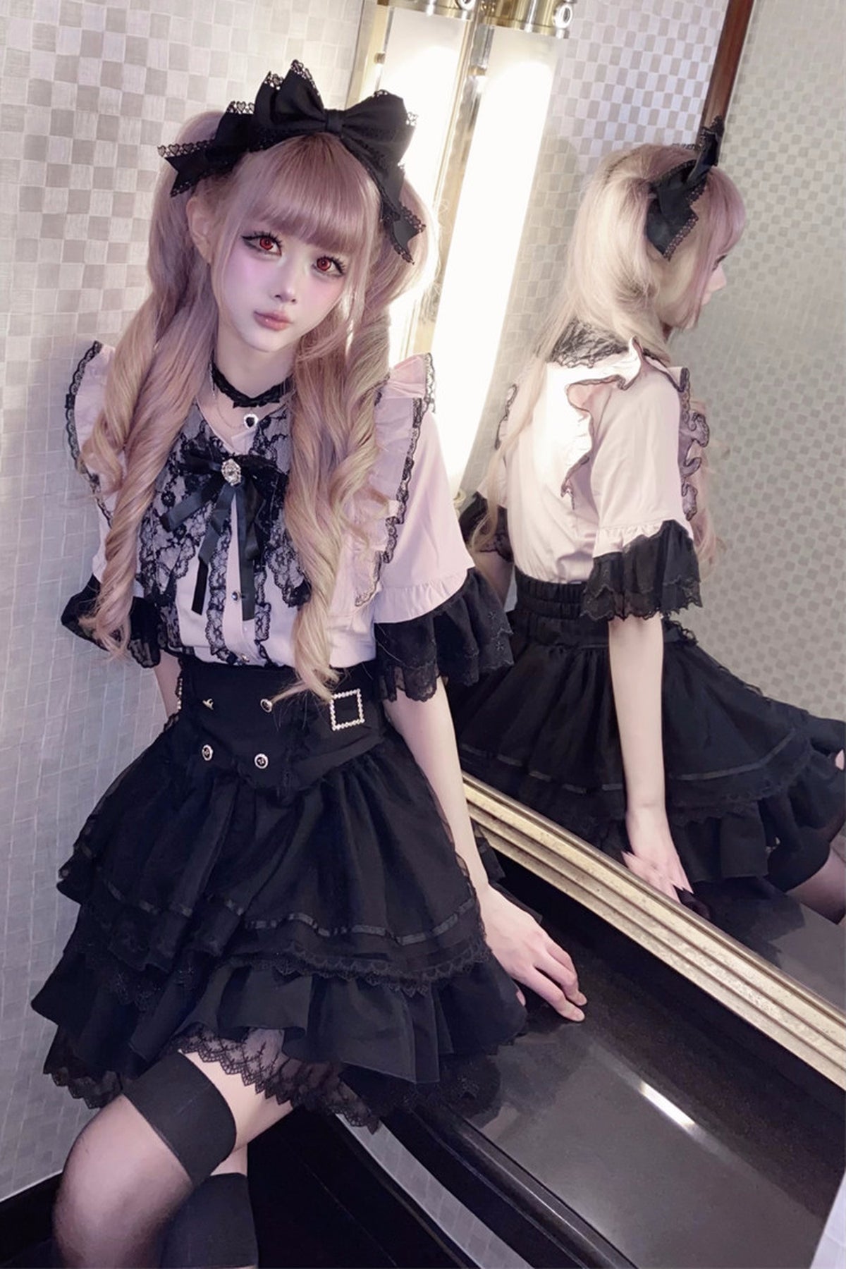 Cherry Short-Sleeved Lace Collar Shirt and Skirt Set-Up