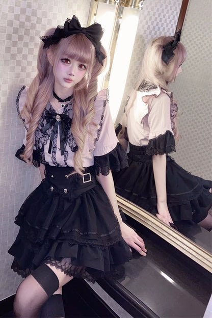 Cherry Short-Sleeved Lace Collar Shirt and Skirt Set-Up