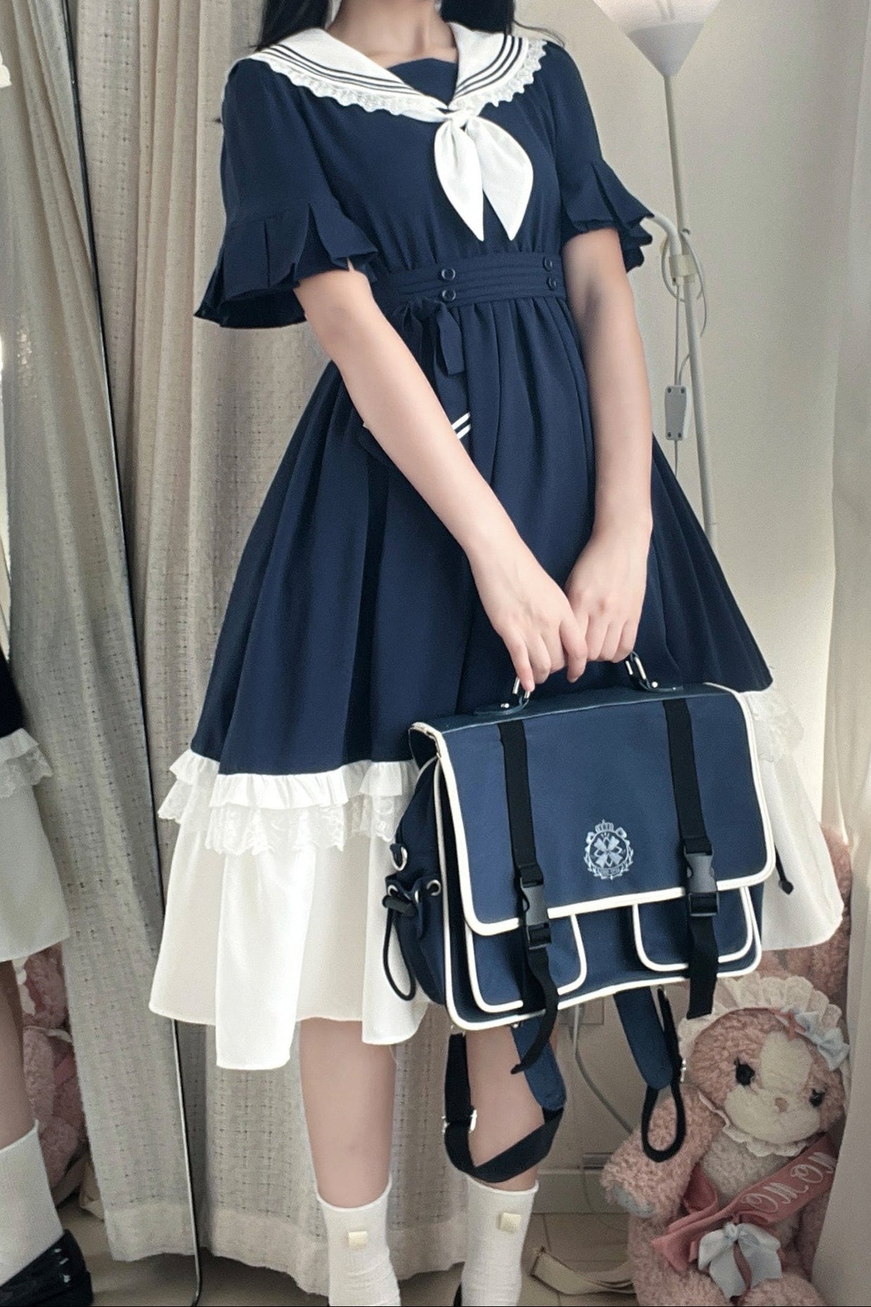 College-Style Ribbon Sailor Collar Flared Dress