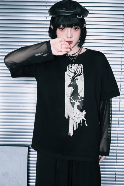 鹿プリントシアースリーブレイヤードTシャツ