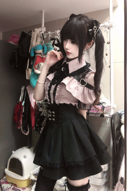 Cherry Short-Sleeve Shirt and Skirt Set-Up