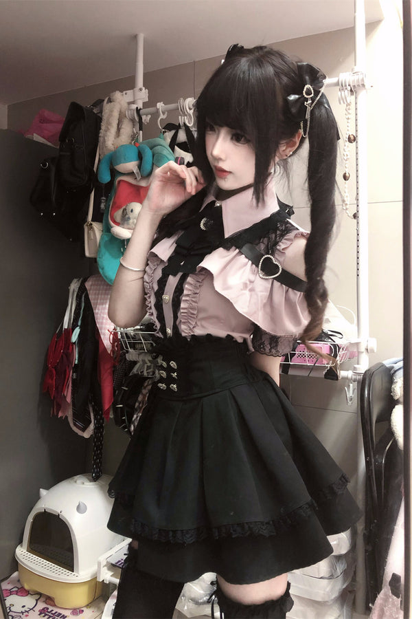 Cherry Short-Sleeve Shirt and Skirt Set-Up