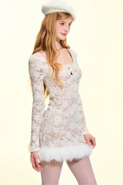 Lace Fur-Trimmed Long Sleeve Dress