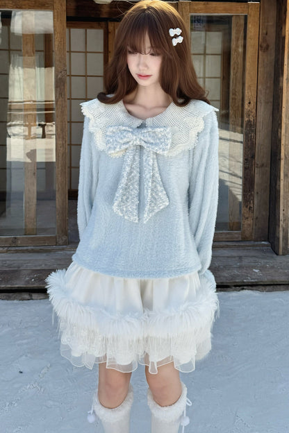 Blue Sky Star Fluffy Knit Top and Skirt Set