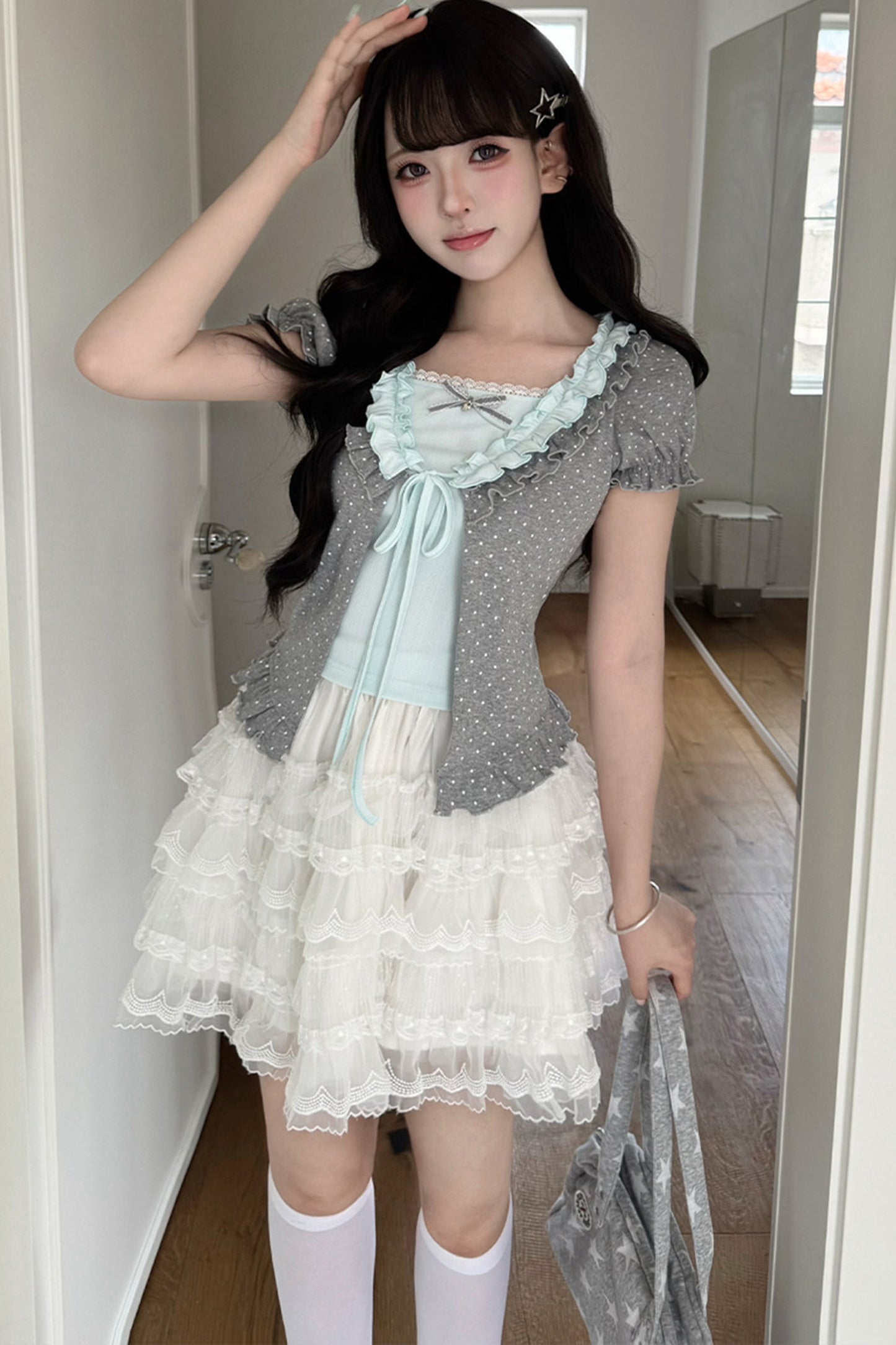 Polka Dot Layered-Look Top and Skirt Set-Up