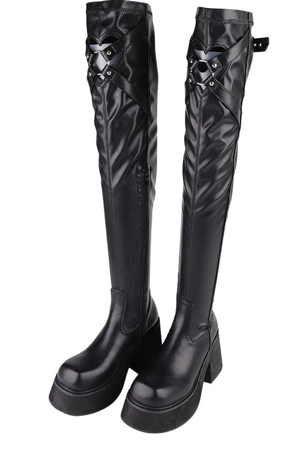 Extra-Long Tight Stretch Patent Leather Platform Boots