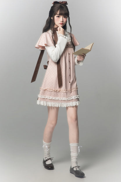 Pink Brown Polka Dot A-Line Layered-Look Dress
