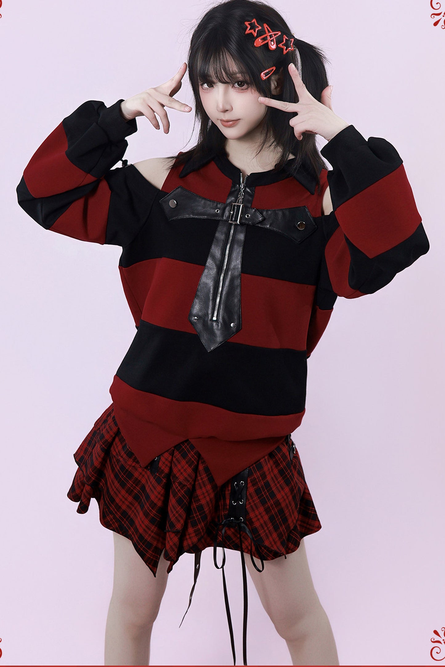 Striped Leather Trim Off-Shoulder Sweatshirt