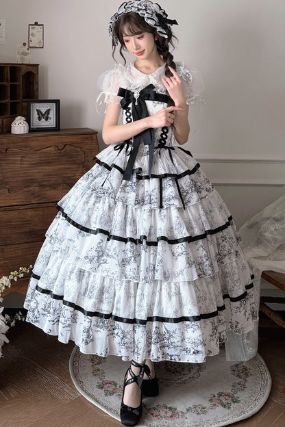 Lolita-Kleid mit Tuschewaschung und Fischgrätenmuster