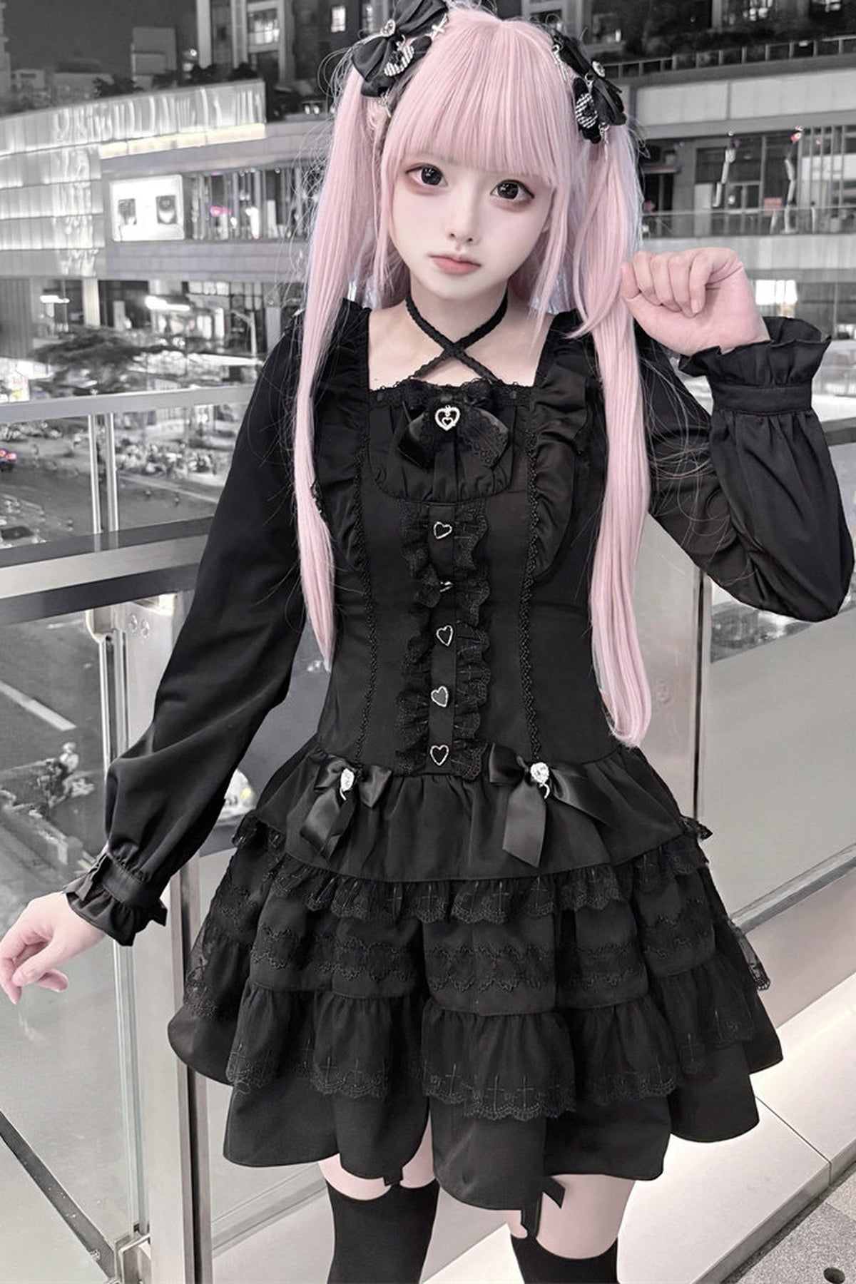 Lace Long Sleeve Cross-Tie Bow Dress