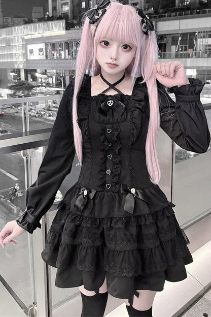 Lace Long Sleeve Cross-Tie Bow Dress