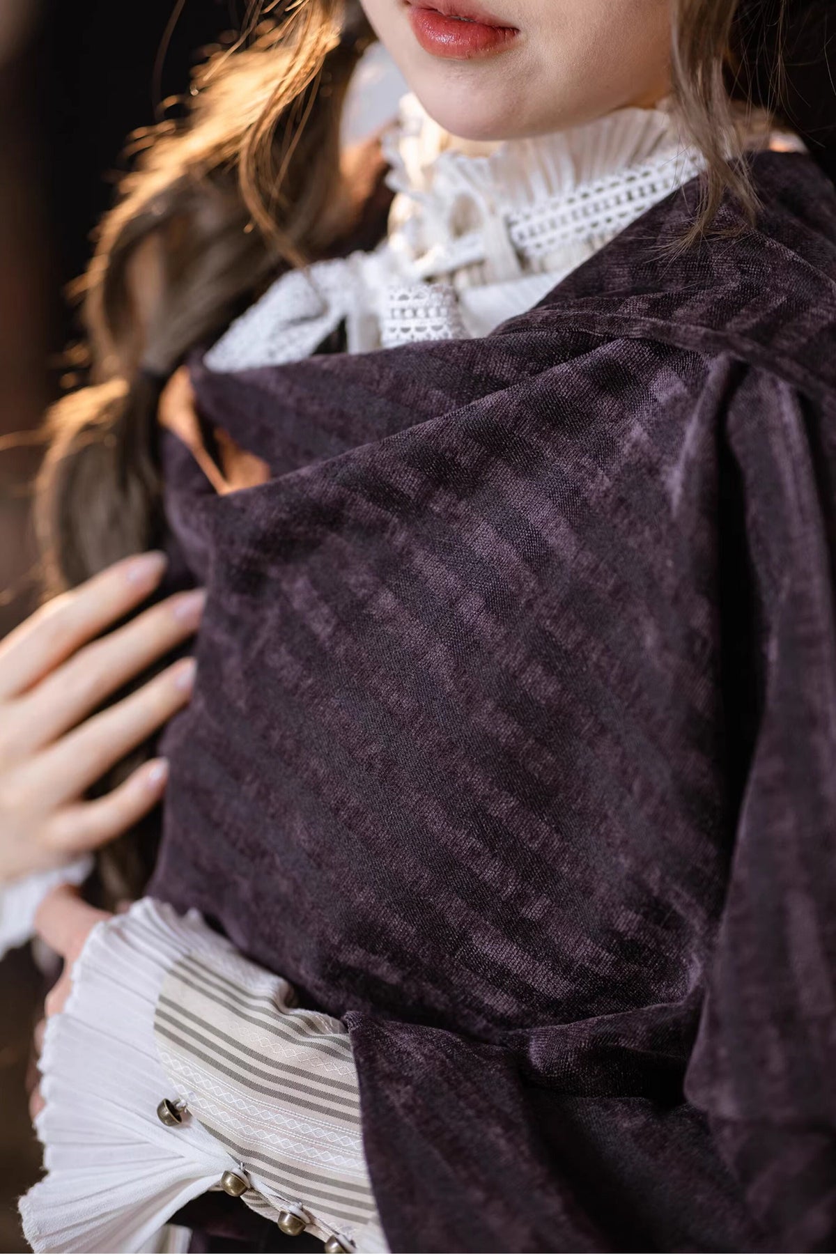 Purple Black Striped Velvet Hooded Cape