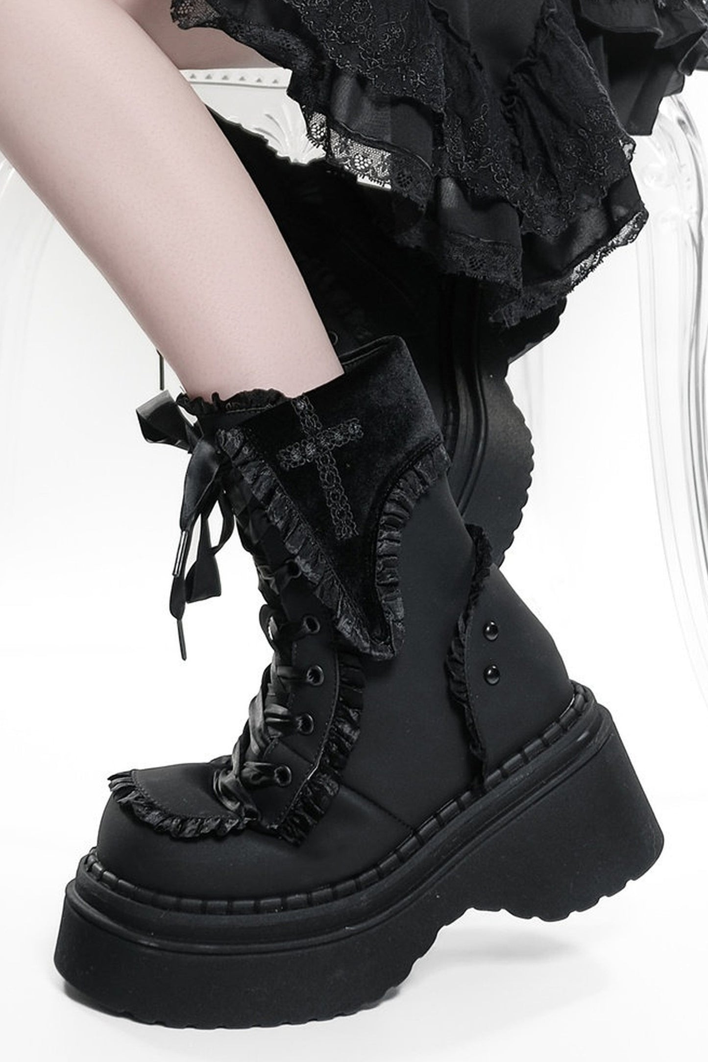 Gothic Cross Flip-Top Round-Toe Platform Boots