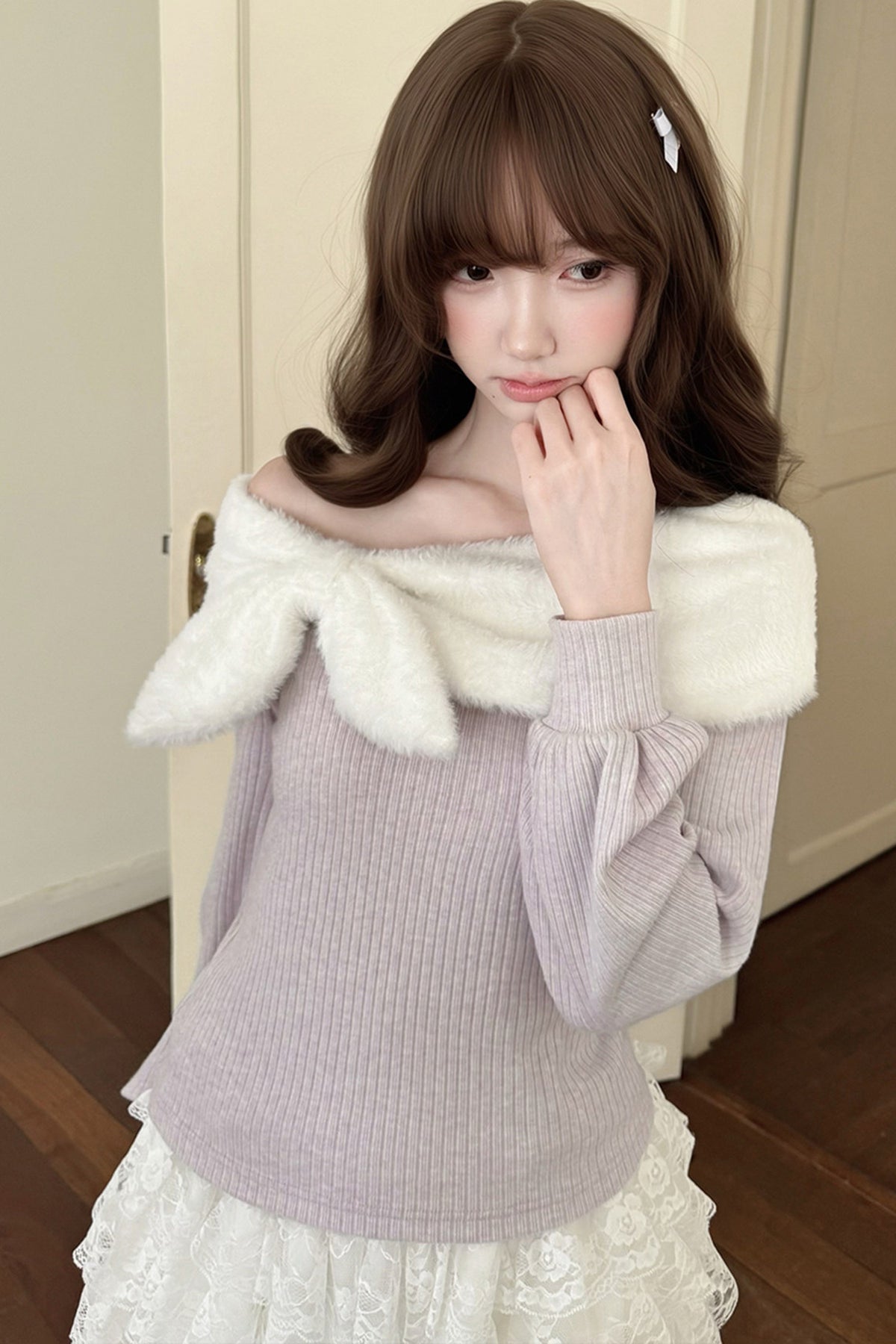 Fliederfarbenes Stricktop und Rock-Set