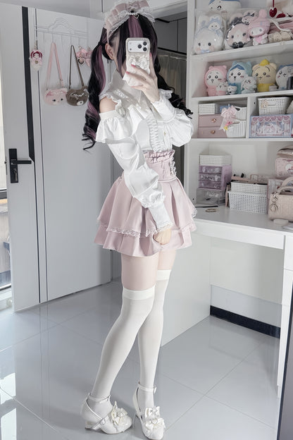 [Pre-order] Cold Shoulder Heart Buckle Long Sleeve Ruffle Lace Blouse with Bow Tie + Lace-Trim Pleated Mini Skirt Set