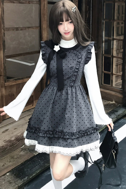 Retro-Kleid mit Herz-Punktemuster, Flatterärmeln und Spitzensaum