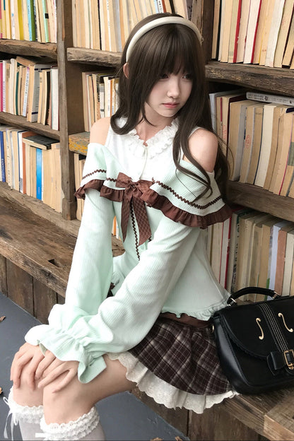 Mint Off-Shoulder Knit Top and Slim Skirt Set-Up