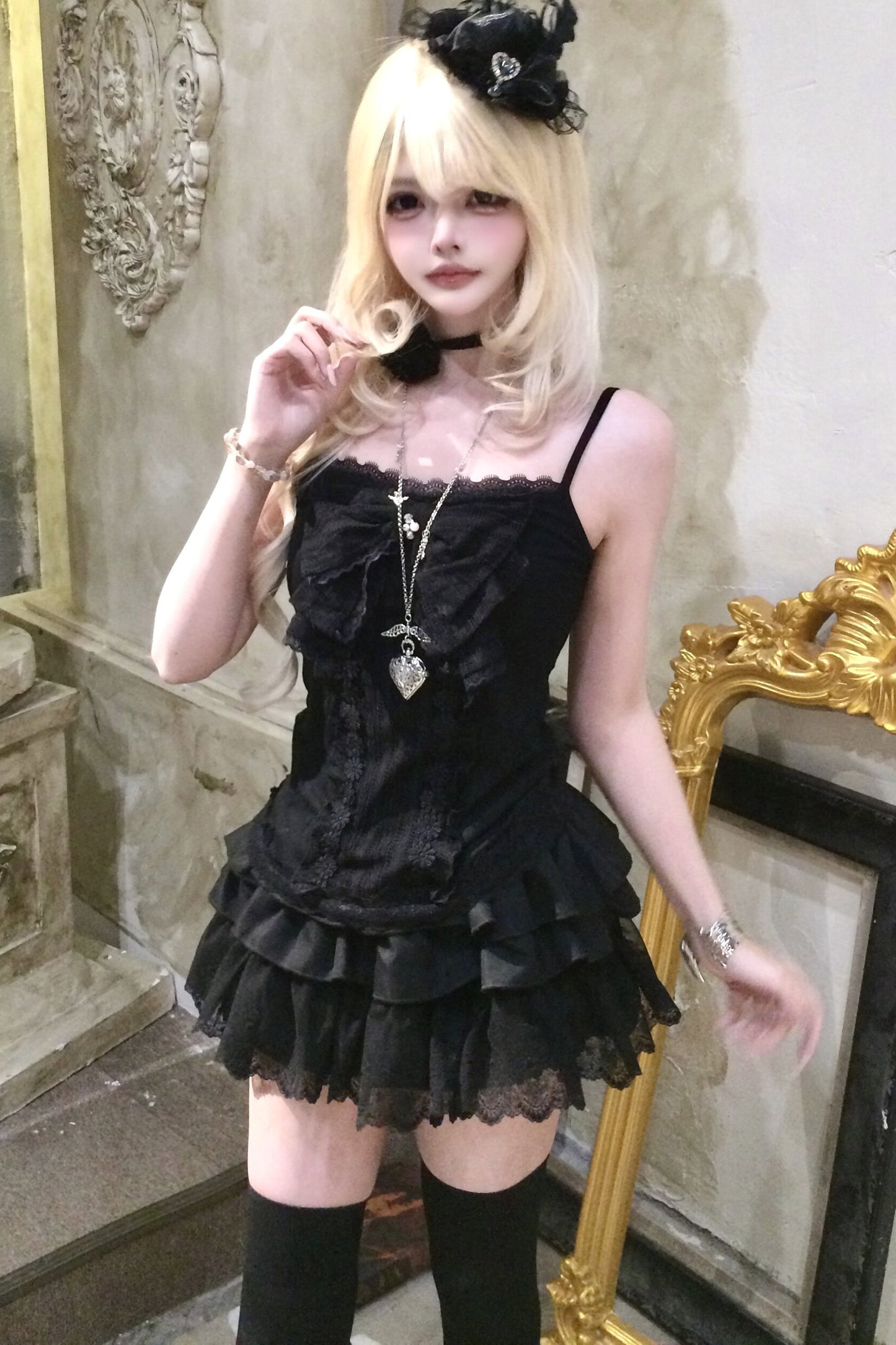 Gothic Black Lace Camisole and Skirt Set
