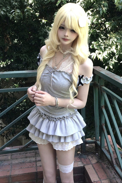 Gray Lace Camisole & Layered Skirt Set-Up